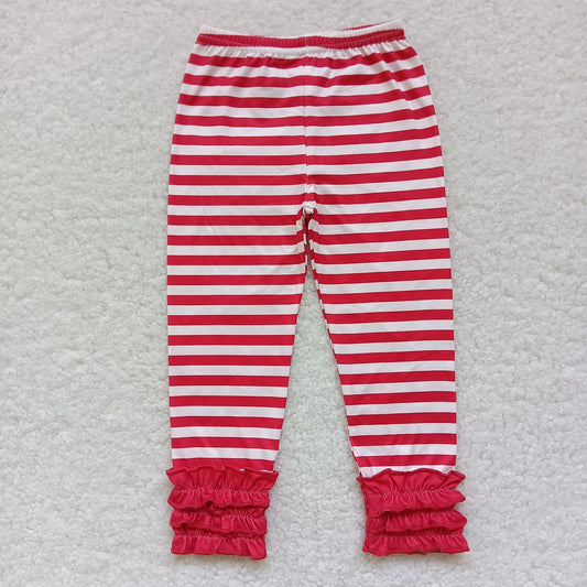 5.23 RTS NO MOQ Baby Girls Long Pants P0176 Red Stripes Icing Ruffle Bottom Pants