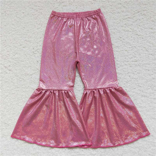 5.23 RTS NO MOQ Baby Girls Long Pants P0180 Dark Pink Holographic Spandex Bell Bottom Pants