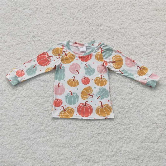 5.22 RTS NO MOQ Baby Girls Long Sleeve GT0235 Colorful Pumpkin Long Sleeve Tee Shirts Tops