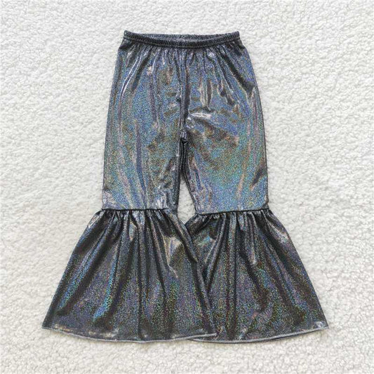 5.23 RTS NO MOQ Baby Girls Long Pants P0195 Black Holographic Spandex Bell Bottom Pants