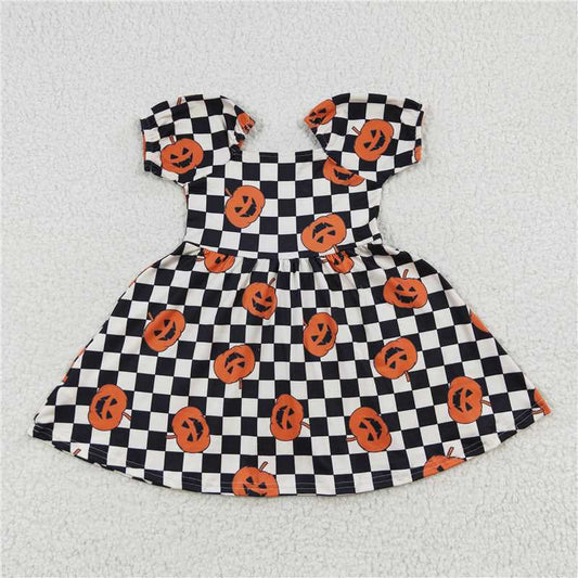 8.2 RTS NO MOQ Summer Baby Girls Dresses GLD0302 Halloween Plaid Checkered Pumpkin Dresses