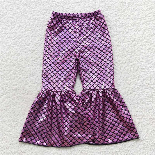 5.23 RTS NO MOQ Baby Girls Long Pants P0249 Purple Mermaid Scale Holographic Spandex Bell Bottom Pants