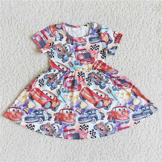 8.7 RTS NO MOQ Summer Baby Girls Dresses D3-2 Short sleeve car print twirl dresses