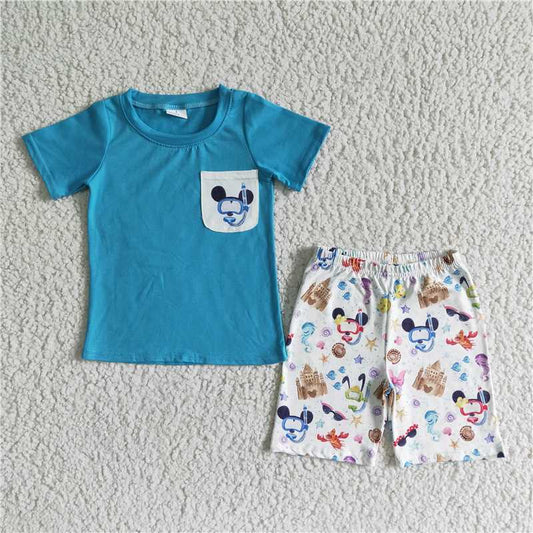 8.12 RTS NO MOQ Baby Boys kids Summer Sets BSSO0038 Blue shirt cute print pocket shorts sets