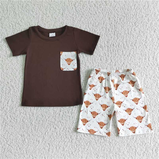 8.12 RTS NO MOQ Baby Boys kids Summer Sets BSSO0032 Brown top western highland pocket shorts sets