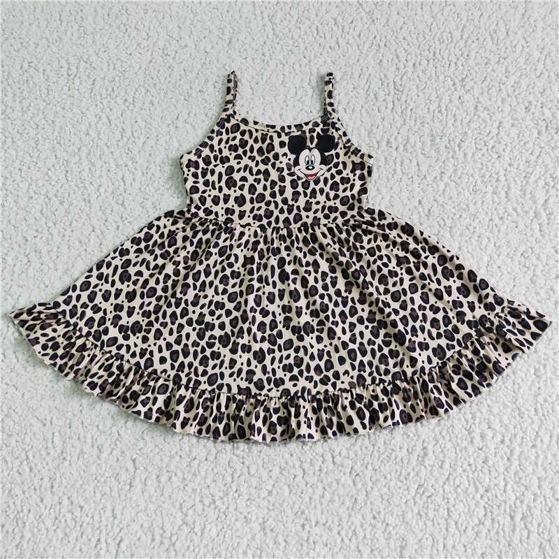 8.6 RTS NO MOQ Summer Baby Girls Dresses GSD0104 Leopard sleeveless mouse twirl dresses