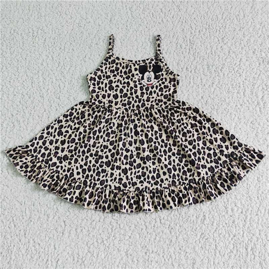 8.6 RTS NO MOQ Summer Baby Girls Dresses GSD0104 Leopard sleeveless mouse twirl dresses