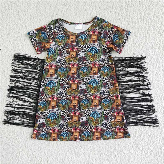 8.6 RTS NO MOQ Summer Baby Girls Dresses BT0007 Leopard cow shorts sleeve western tassel dresses