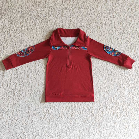 7.21 RTS NO MOQ Baby Boys Long Sleeve BT0080 Red Aztec Long Sleeve Pullovers Tops