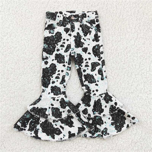 6.3 RTS NO MOQ Baby Girls Pants P0031 Western Cow Print Bell Pants Denim Jeans