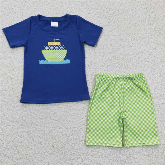 8.11 RTS NO MOQ Baby Boys kids Summer Sets BSSO0097 Boats embroidery summer shorts sets