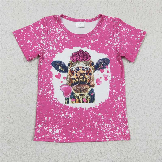 7.25 RTS NO MOQ Summer Baby Girls Short Sleeve GT0111 Valentines Hotpink Cow Shirts Tops