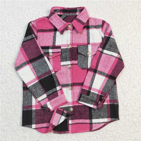 7.8 RTS NO MOQ Baby Girls Long Sleeve GT0104 Hotpink Plaid Long Sleeve button ups shirts tops