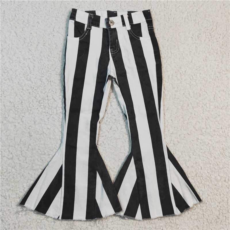 6.3 RTS NO MOQ Baby Girls Pants P0046 Black White Stripe Denim Pants Jeans