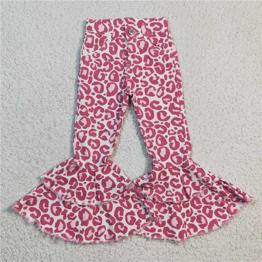6.3 RTS NO MOQ Baby Girls Pants P0044 Pink Leopard Bell Pants Denim Jeans