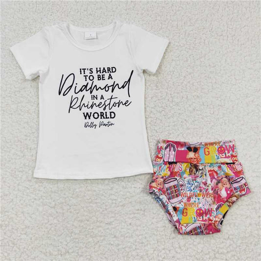 5.24 RTS NO MOQ Baby Girls Summer Outifts GBO0081 Rhinestone World Shirt Pink Bummie Sets
