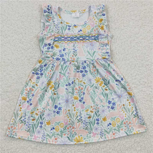 8.4 RTS NO MOQ Summer Baby Girls Dresses GSD0272 Green Flower Easter Rabbit Short Sleeve Knee Length Dresses