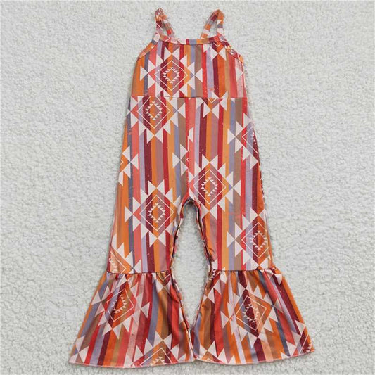 6.25 RTS NO MOQ Summer Baby Girls Bodysuit SR0252 Orange Aztec Strap Bell Bottom Jumpsuits