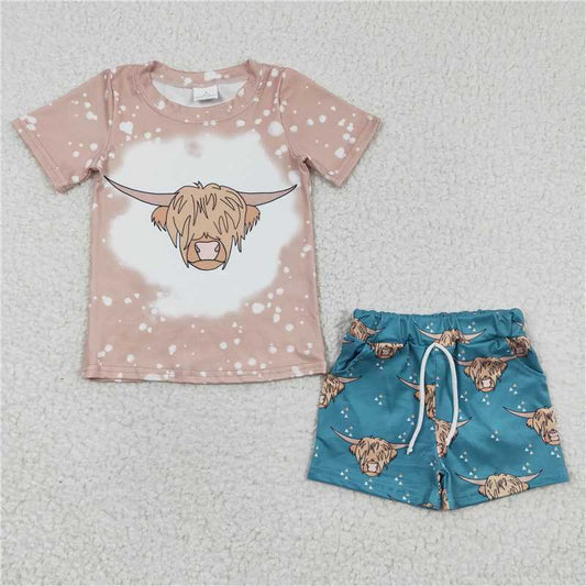8.9 RTS NO MOQ Baby Boys kids Summer Sets BSSO0198 Khaki Highland Cow Summer Shorts Sets