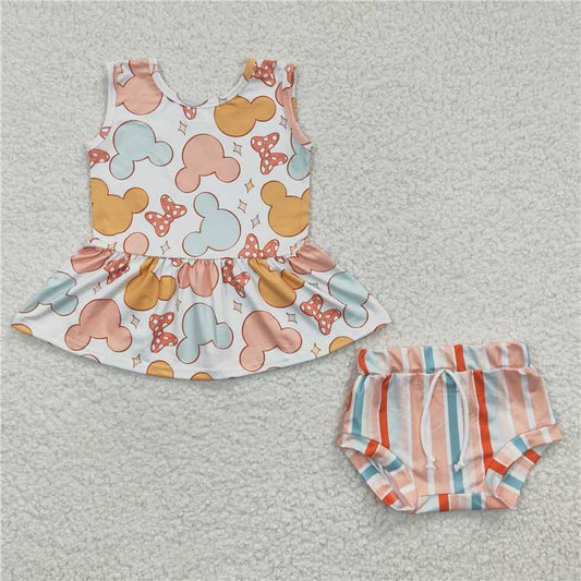 5.24 RTS NO MOQ Baby Girls Summer Outifts GBO0083 Cartoon Bow Stripe Bummie Sets