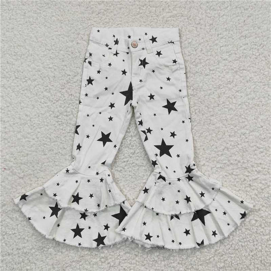 6.3 RTS NO MOQ Baby Girls Pants P0068 White Star Ruffle Denim Bell Pants