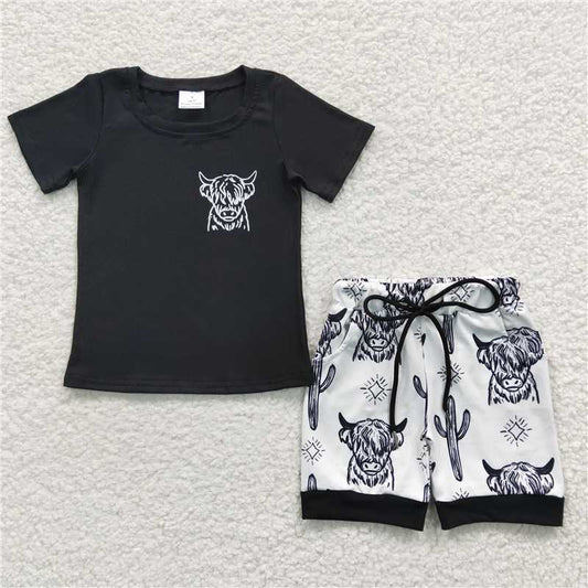 8.9 RTS NO MOQ Baby Boys kids Summer Sets BSSO0209 Western Cow Black Short Sleeve Tee Shirts Shorts Sets