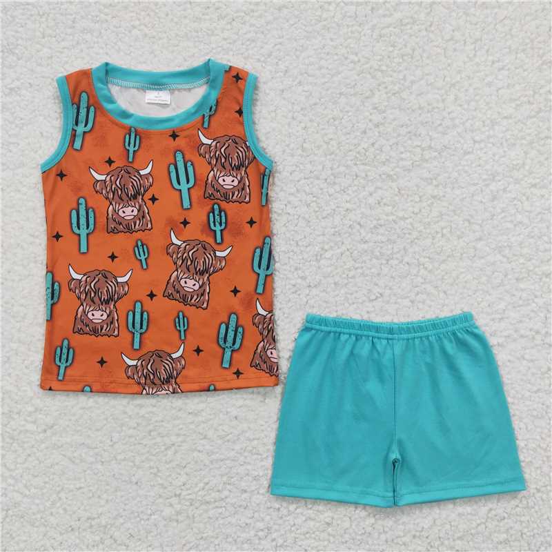 8.9 RTS NO MOQ Baby Boys kids Summer Sets BSSO0211 Western Highland Cow Sleeveless Tee Shirts Shorts Sets