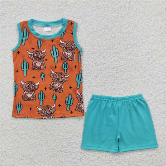 8.9 RTS NO MOQ Baby Boys kids Summer Sets BSSO0211 Western Highland Cow Sleeveless Tee Shirts Shorts Sets