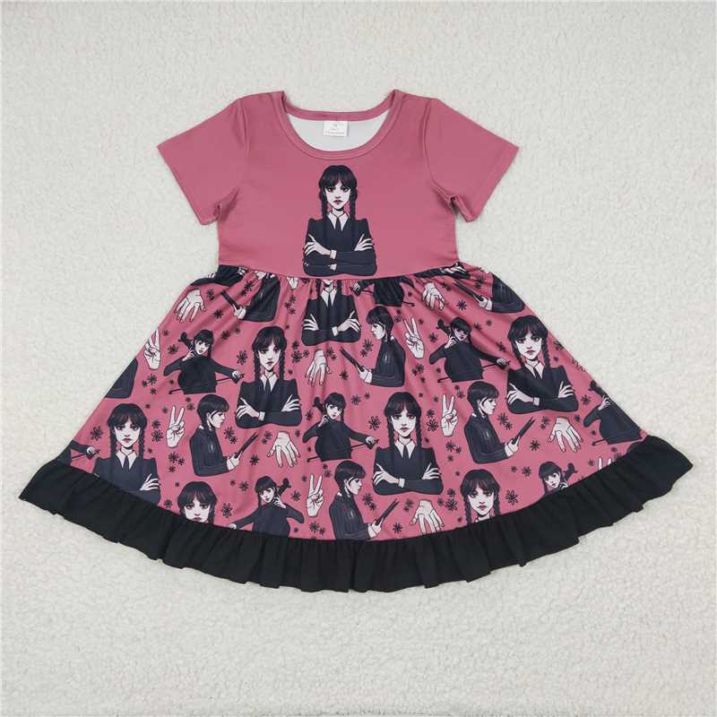 8.4 RTS NO MOQ Summer Baby Girls Dresses GSD0288 Short Sleeve Black Knee Length Dresses