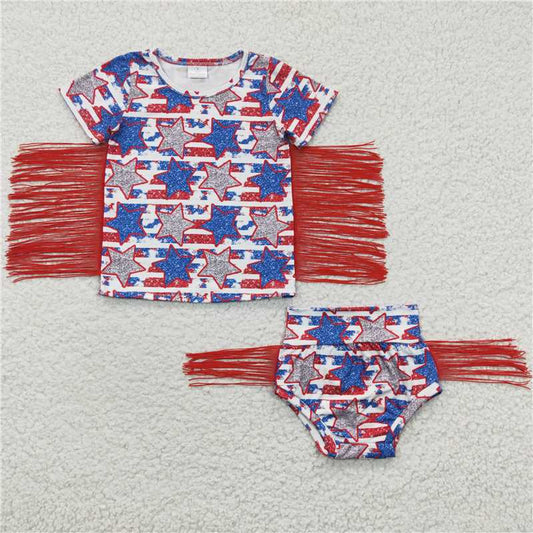 5.24 RTS NO MOQ Baby Girls Summer Outifts GBO0082 Silver Blue Star Tassel 4th Of July Bummie Sets