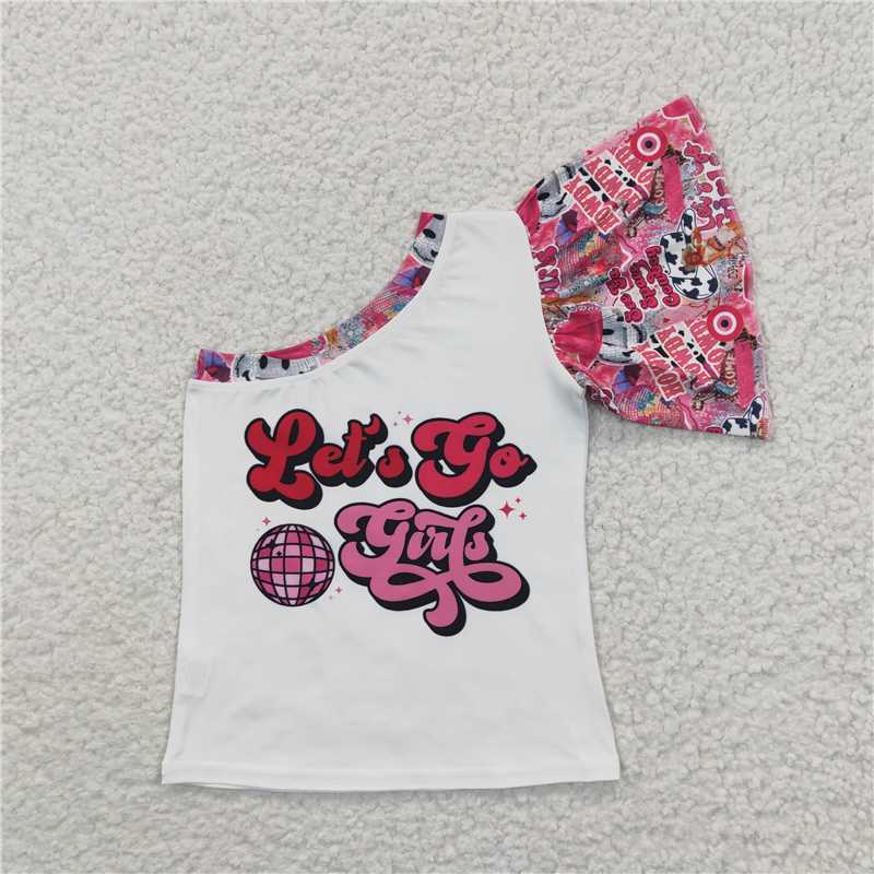 7.24 RTS NO MOQ Summer Baby Girls Short Sleeve GT0167 Let's Go Western One Shoulder Shirts Tops