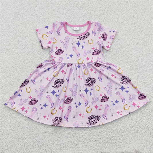 8.4 RTS NO MOQ Summer Baby Girls Dresses GSD0194 Western Hat Purple Knee Length Dresses