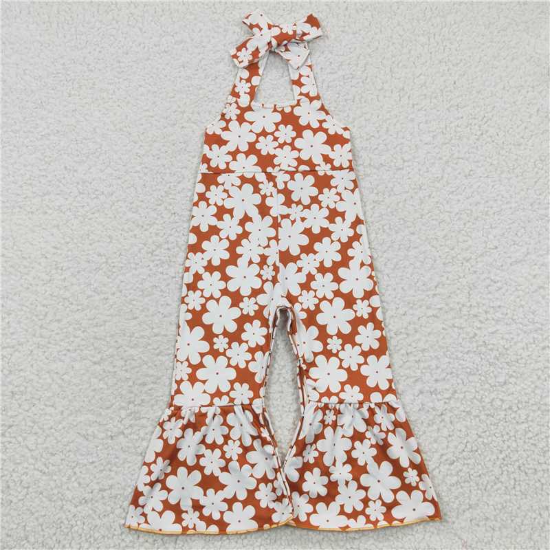 6.25 RTS NO MOQ Summer Baby Girls Bodysuit SR0315 Flowers Strap Bell Bottom Jumpsuits