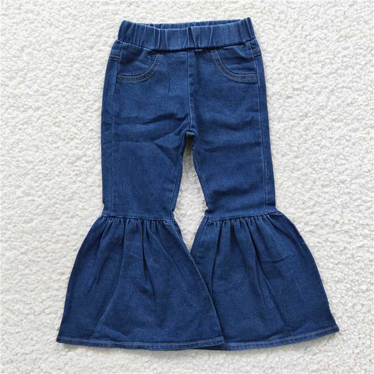 6.3 RTS NO MOQ Baby Girls Pants P0071 Blue Pocket Denim Elastic Waist Bell Pants