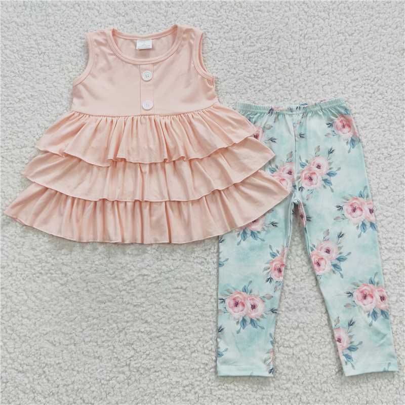 GSPO0697 Kids Girls Clothing Pink Cotton Tunic Top Flower Leggings Set