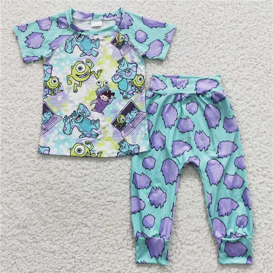 7.19 RTS NO MOQ Baby Boys Summer Sets BSPO0122 Green Charactor Monster Pants Clothes Sets