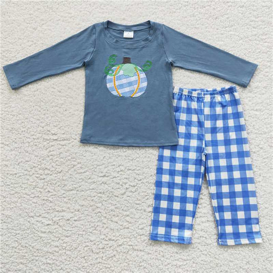 BLP0174 Embroidered pumpkin blue plaid long-sleeved pantsuit
