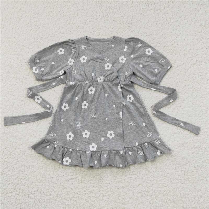 8.2 RTS NO MOQ Summer Baby Girls Dresses GSD0447 White Grey Flowers Belt Dresses
