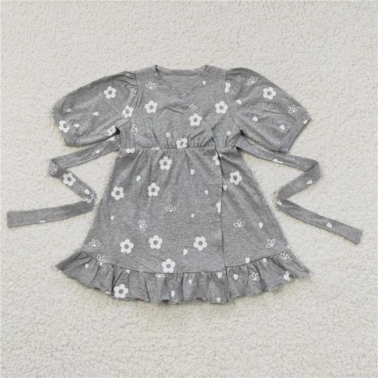 8.2 RTS NO MOQ Summer Baby Girls Dresses GSD0447 White Grey Flowers Belt Dresses
