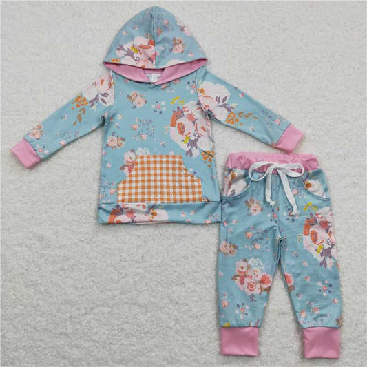 GLP0546 Girls Pretty Flower Hoodie Top Pants 2 pcs Set