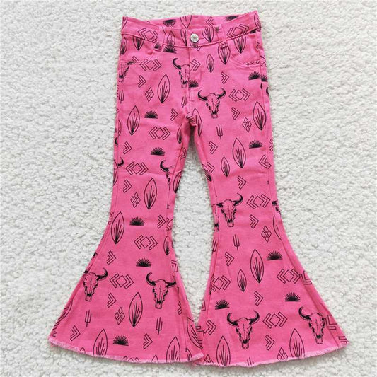 P0159 Alpine cow-leaf aztec rose-red denim pants