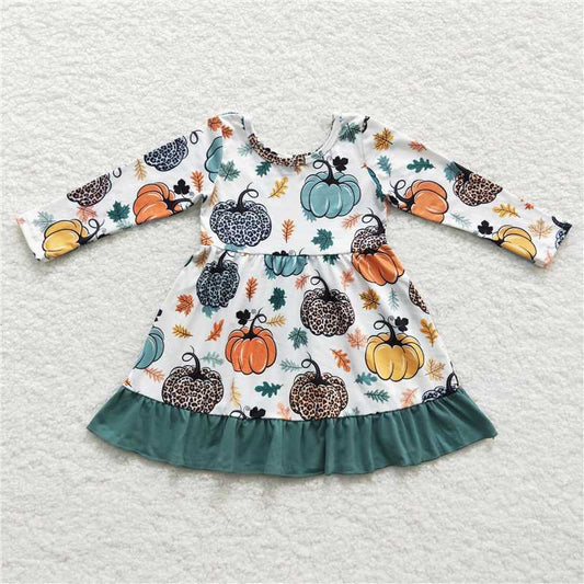 7.5 RTS NO MOQ Baby Girls Long Sleeve GLD0223 Green Pumpkin Knee Length Dresses
