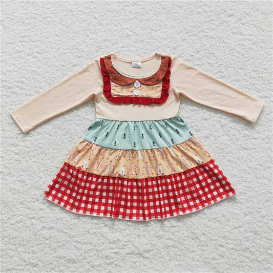7.5 RTS NO MOQ Baby Girls Long Sleeve GLD0246 Winter Tree Long Sleeve Ruffle Dresses