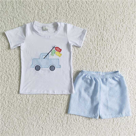 8.12 RTS NO MOQ Baby Boys kids Summer Sets BSSO0018 Fishing seersucker summer shorts sets