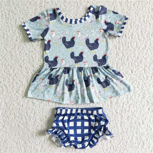 5.24 RTS NO MOQ Baby Girls Summer Outifts GBO0049 Chicken Peplum Plaid Bummie Sets