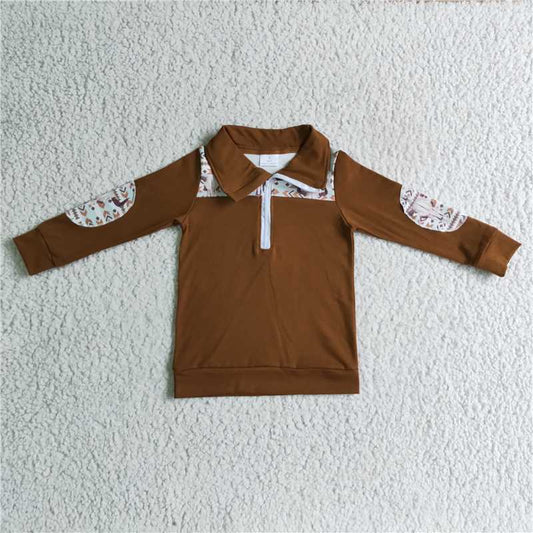 8.8 RTS NO MOQ Baby Boys Long Sleeve BT0087 Western brown cow skull pullover tops