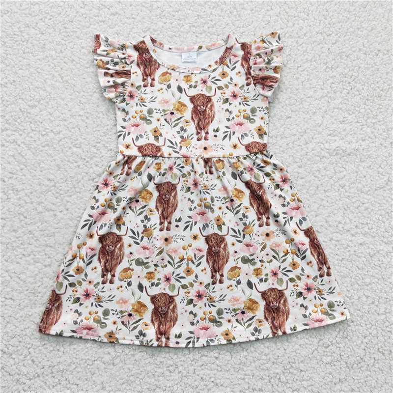 8.5 RTS NO MOQ Summer Baby Girls Dresses GSD0158 Highland Cow Knee Length Pearl Dresses