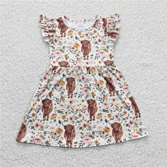 8.5 RTS NO MOQ Summer Baby Girls Dresses GSD0158 Highland Cow Knee Length Pearl Dresses