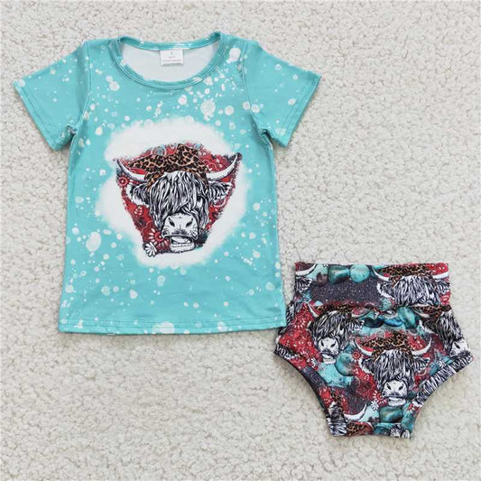5.24 RTS NO MOQ Baby Girls Summer Outifts GBO0070 Highland Cow Leopard Western Bummie Sets