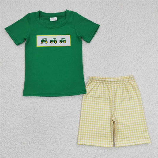 8.11 RTS NO MOQ Baby Boys kids Summer Sets BSSO0126 Green Tractor shorts sets